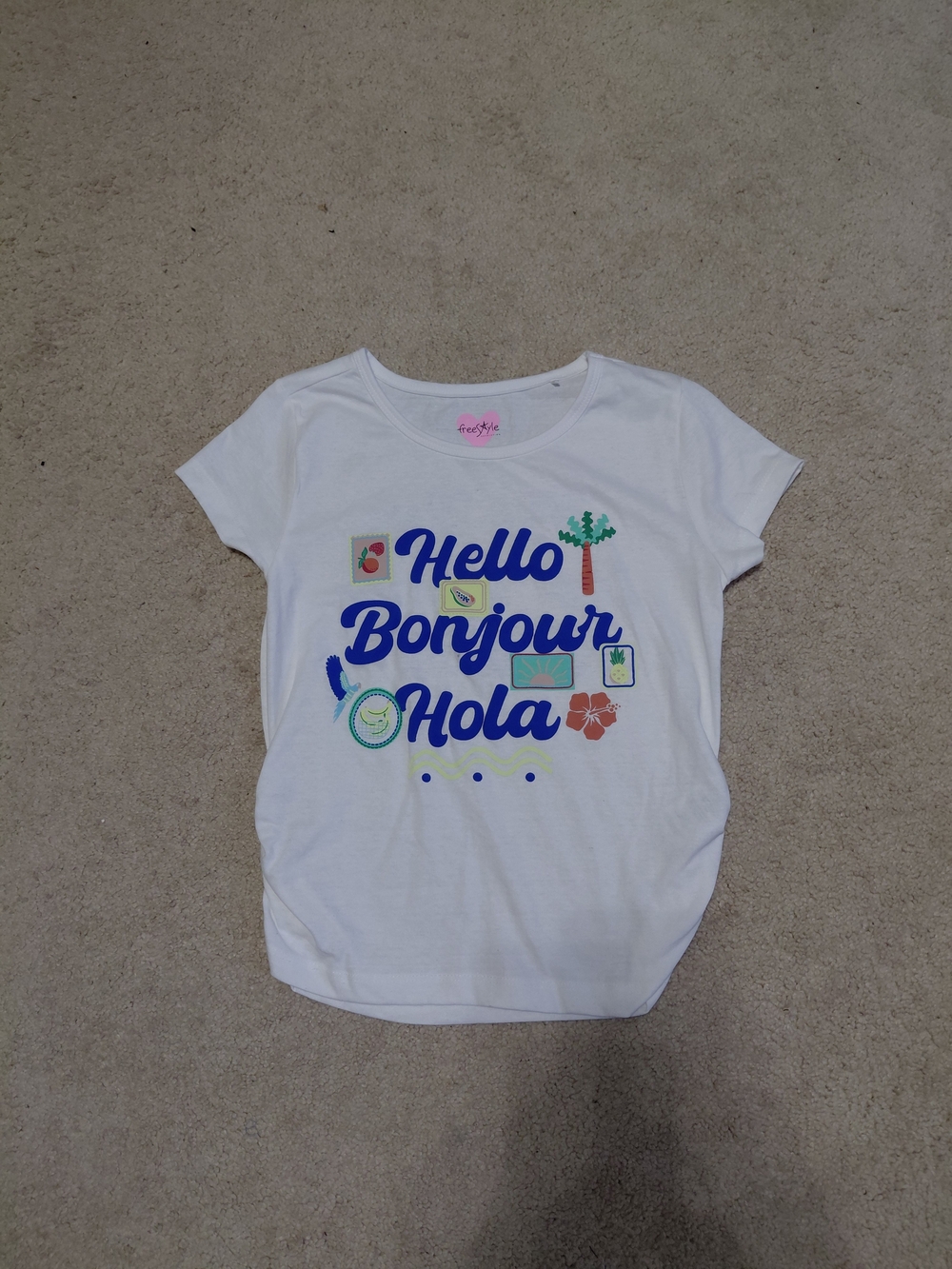 Freestyle White Tee with Blue 'Hello Bonjour Hola' Graphic
